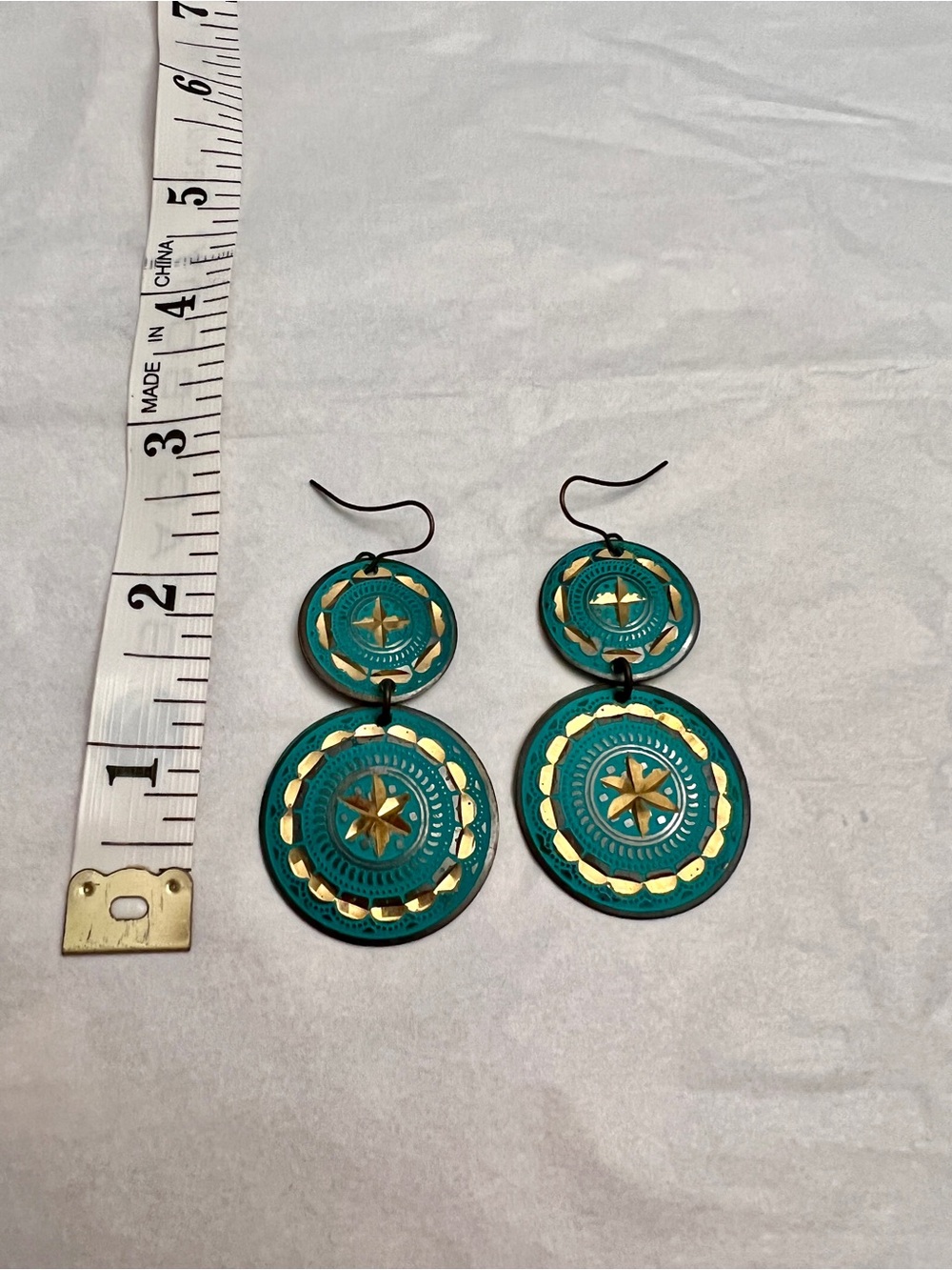 Teal and Gold Double Disc Drop Earrings